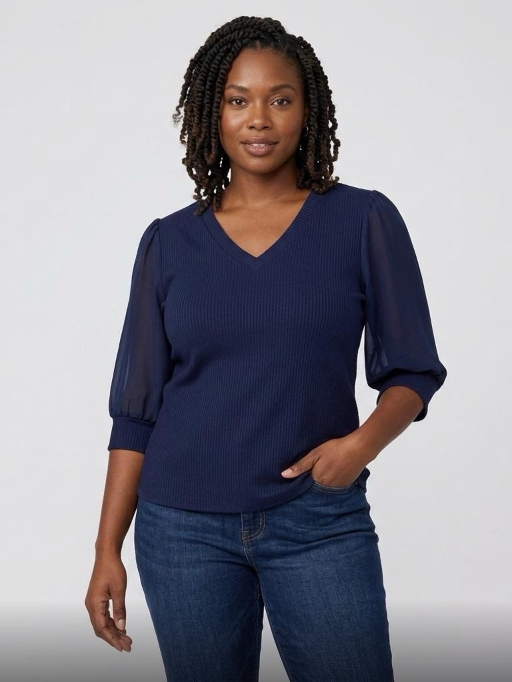 Design History Navy V-Neck Ribbed Puff Sleeve Top Size XXL